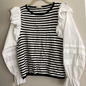 Crew neck black and white striped sweater with shirt sleeves